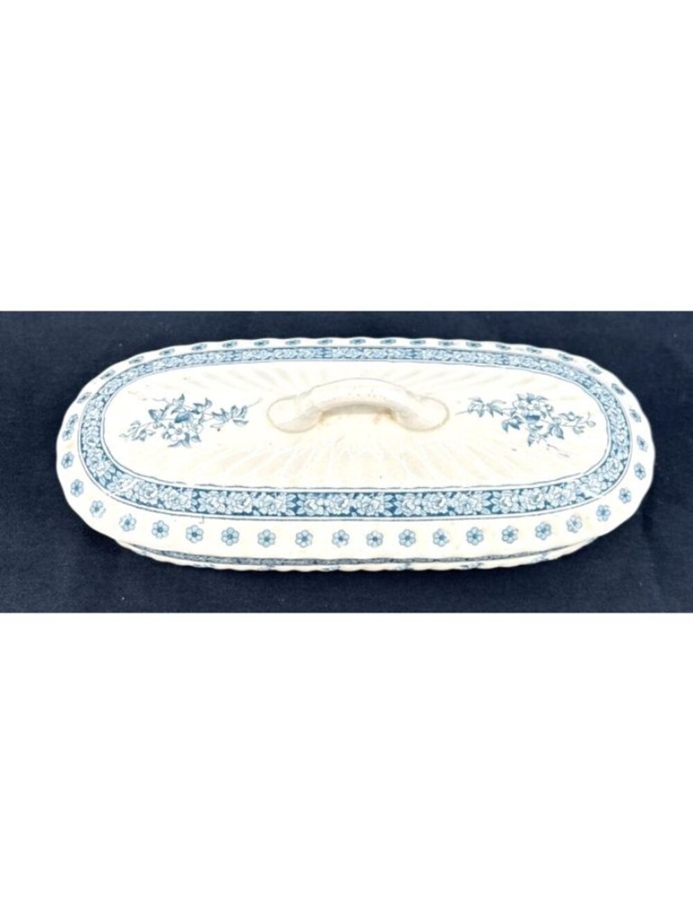 Antique Davenport Razor Toothbrush Dish w/Lid Blue White Flower Ironstone 7.5"